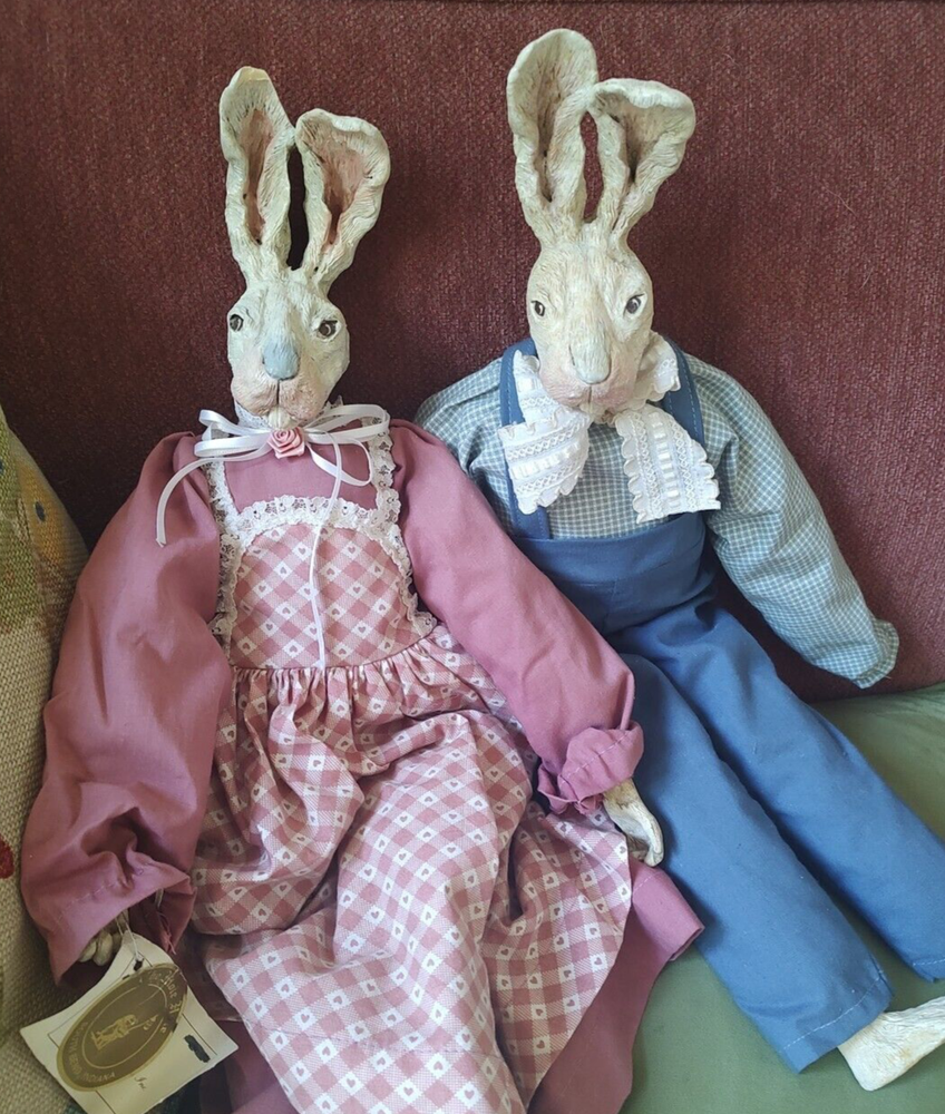 20 inch Mr  Mrs Rabbit Couple Hand Crafted  Cloth Artist Vonnie Staton Easter
