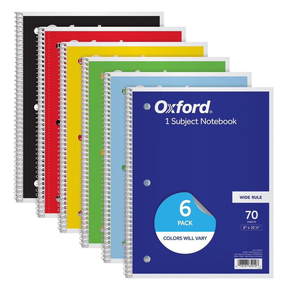 Oxford Spiral Notebooks, 6 Pack, 1 Subject, 6 Count (Pack of 1), Assorted