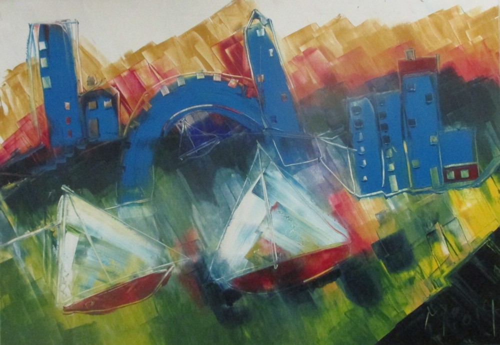 Abstract city with ships 70x100 cm oil/LW art academy Düsseldorf art art-image