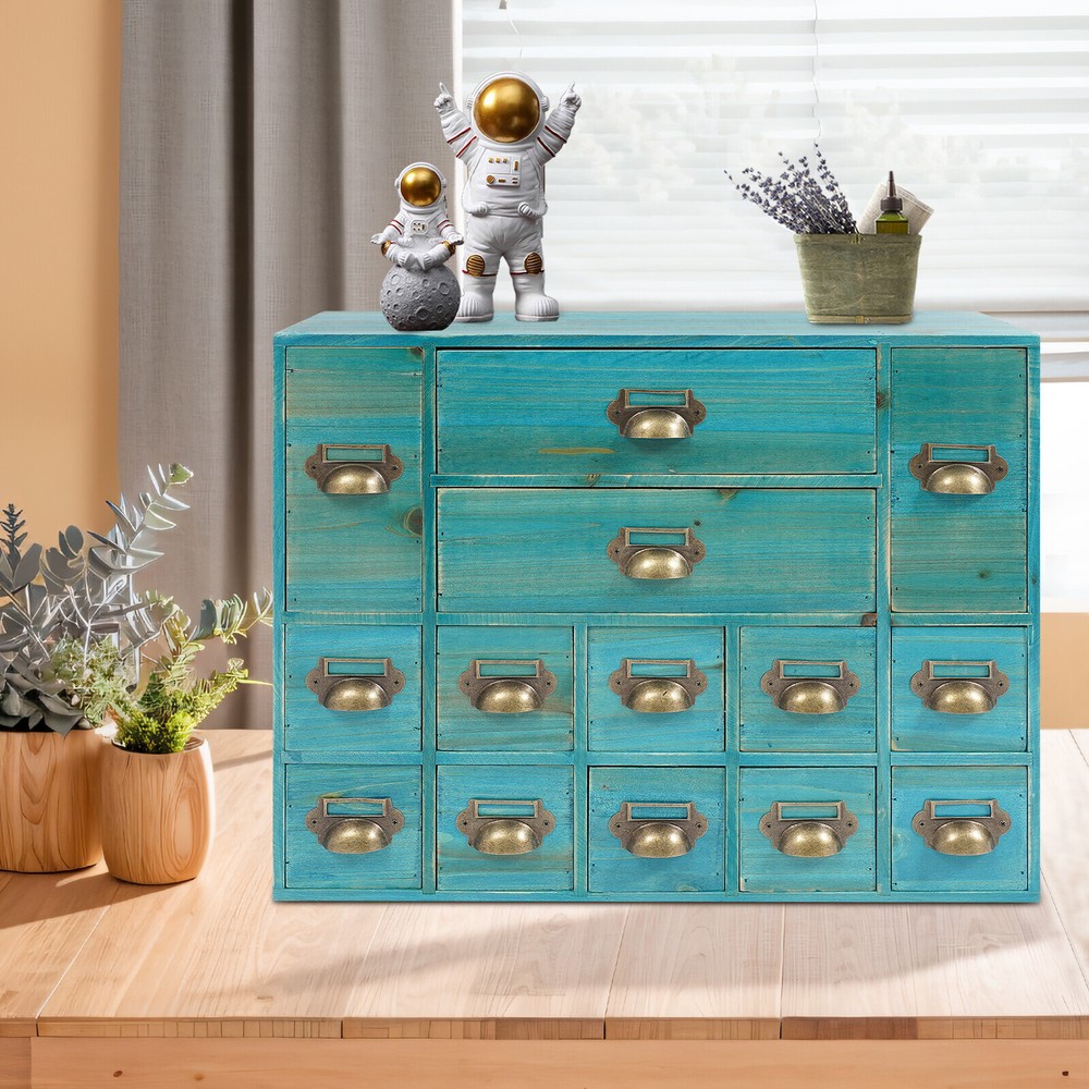 Vintage Apothecary Cabinet Dressers Label Holder Wooden 16 Drawers Organizer