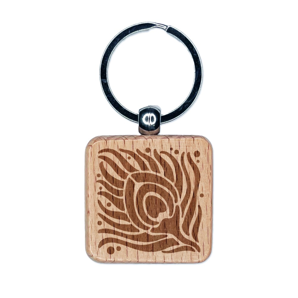 Artsy Peacock Feather Engraved Wooden Keychain Charm Tag