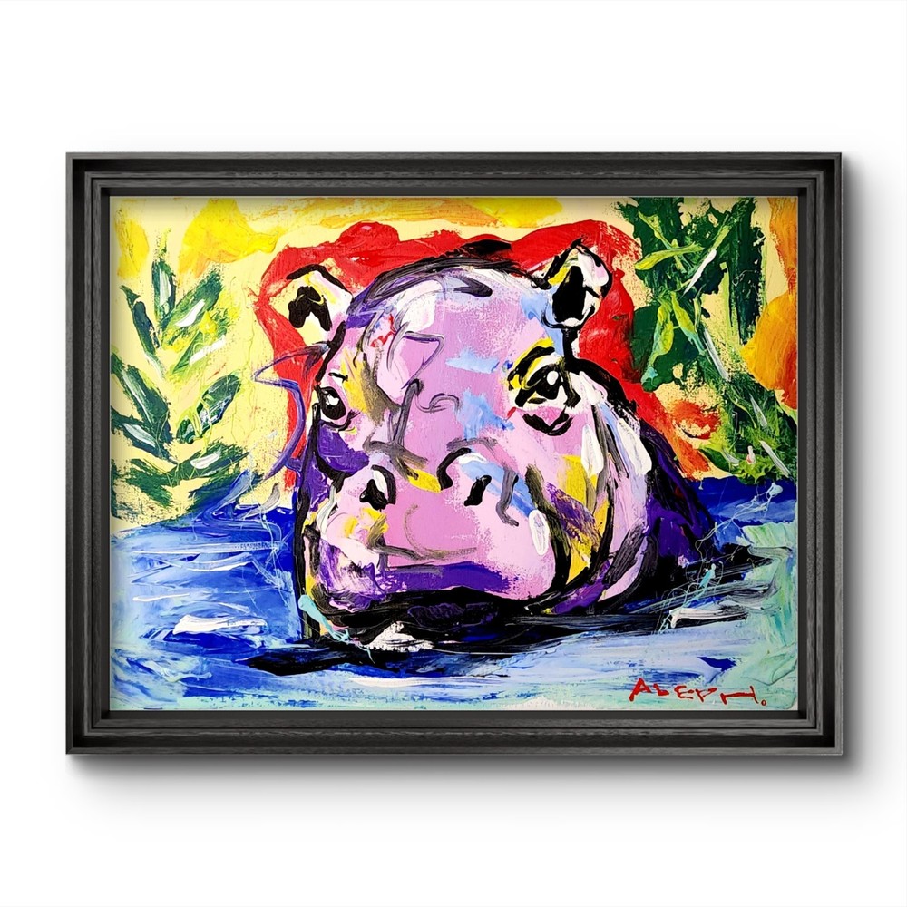 Aleph Original Art Hippo 16x12 Colorful Modern Art Acrylic Painting on Canvas