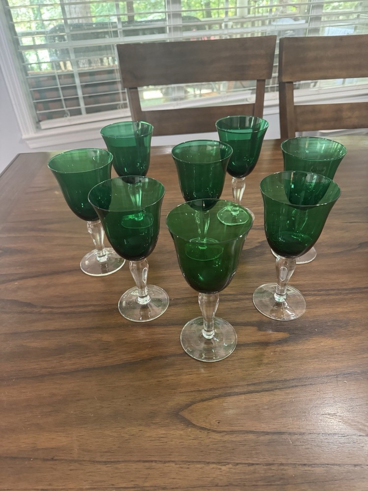 Set Of 8 Gorgeous Crystal Emerald Green Wine or Water Goblets w/Clear Glass Stem