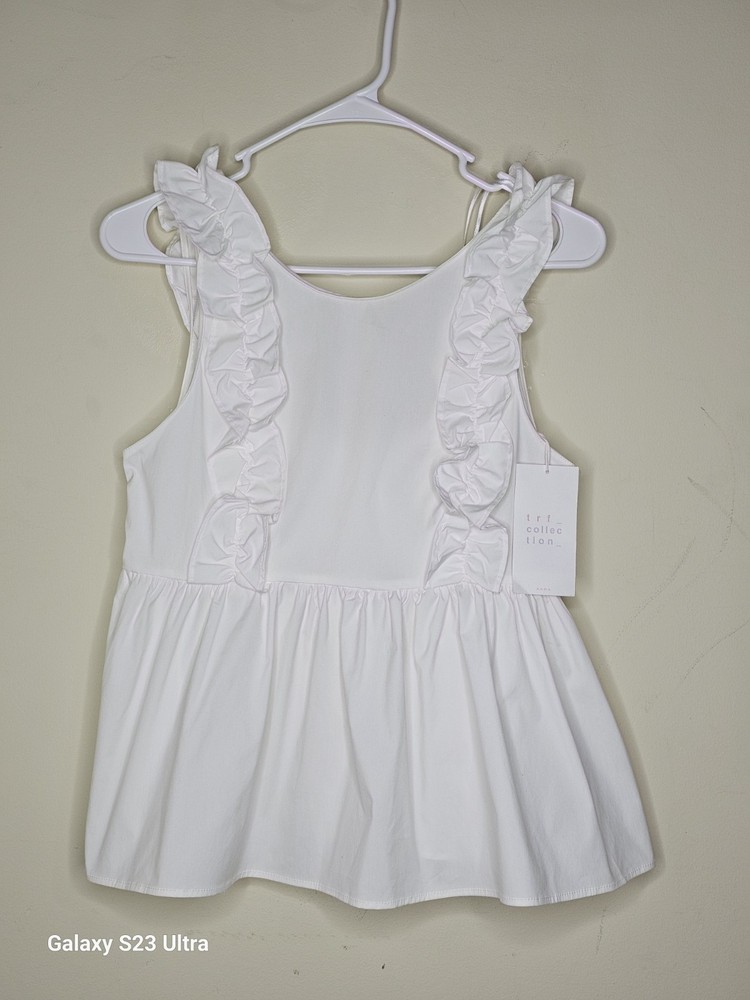 ZARA Women's White Ruffle Button Sleeveless Blouse Round Neck XS