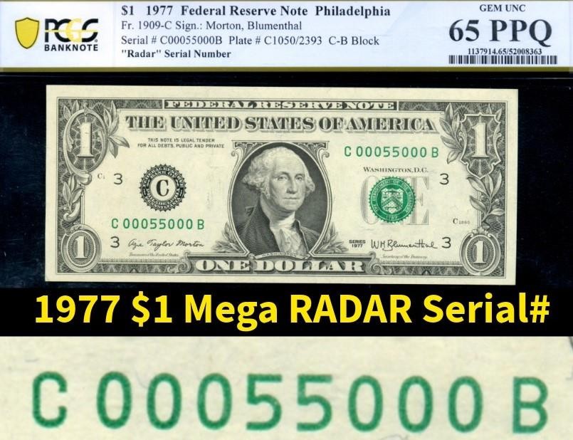 HGR SUNDAY 1977 $1 FRN (Mega RADAR# 00055000 WOW) PCGS GEM UNC 65PPQ