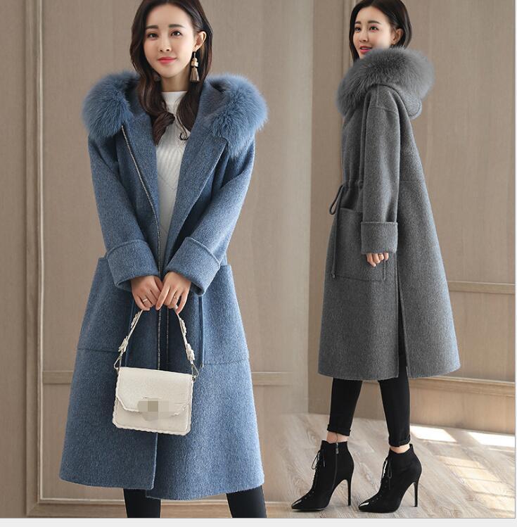 Women’s Cashmere Wool Blend Hooded Fur Collar Coat Winter Long Jacket Overcoat