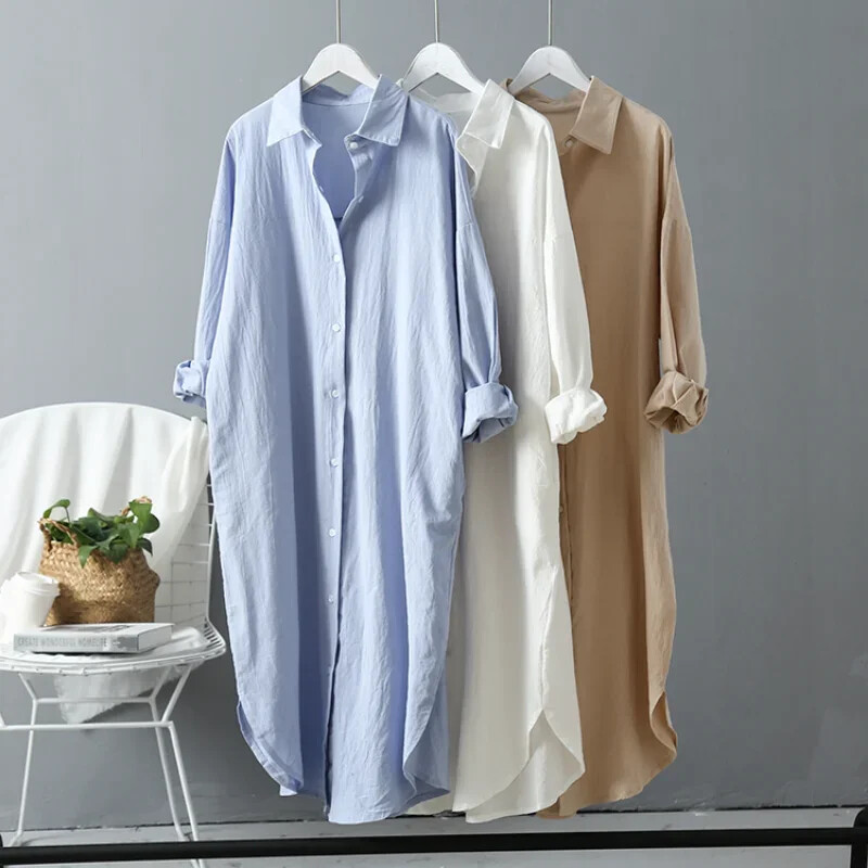 Women Button Down Shirt Dress Loose Cotton Linen Coats Casual Blouse Kaftan Top