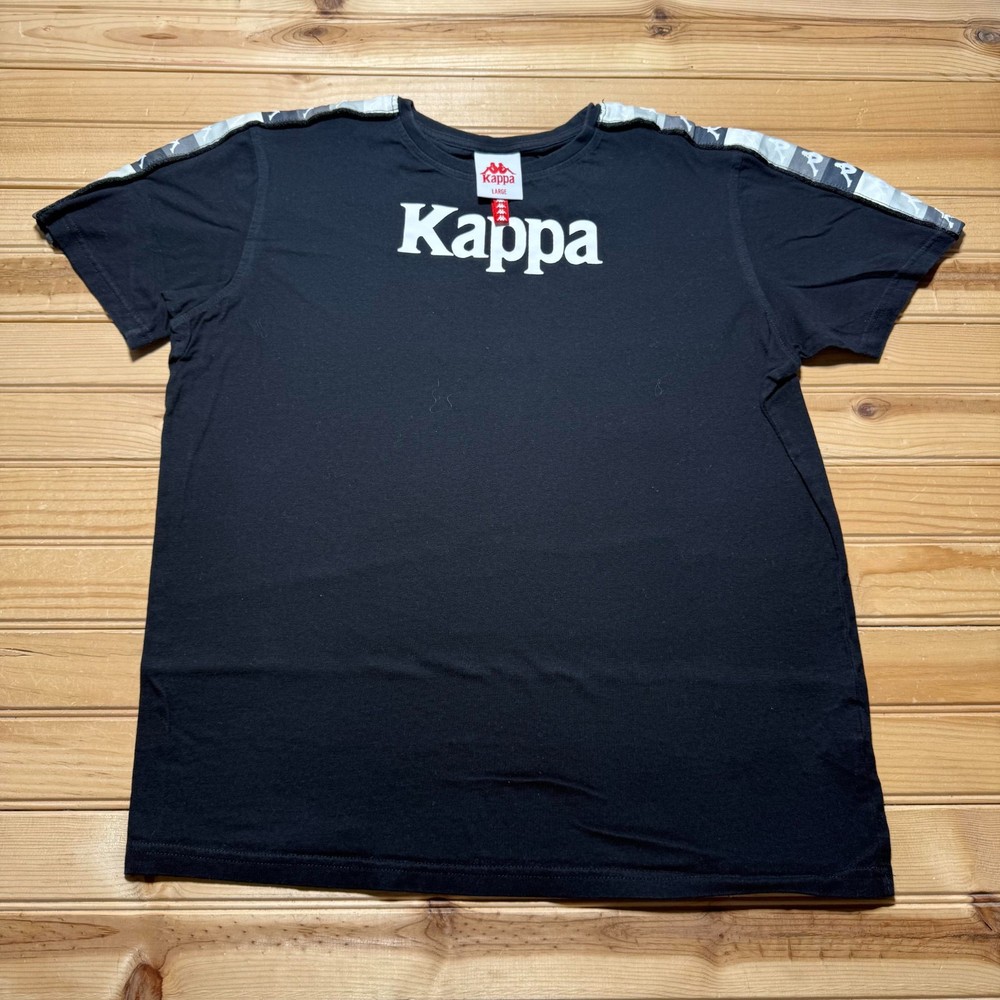 Y2K Kappa Spell Out Logo Tape Shoulder Streetwear Retro T-Shirt Men's - Large