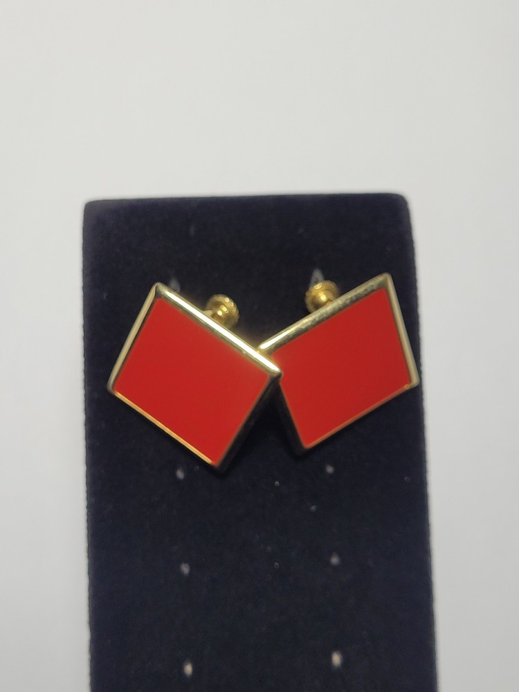 Vintage Napier Red Enamel Square Earrings Goldtone Screw Back Retro Jewelry Gift
