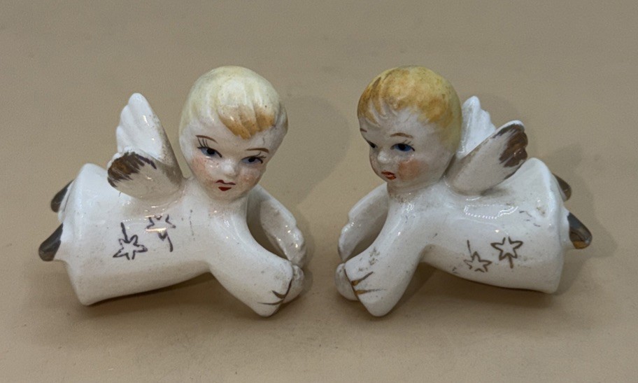 Vintage Mid Century Angel Ceramic Candle Huggers Christmas Boy & Girl Japan