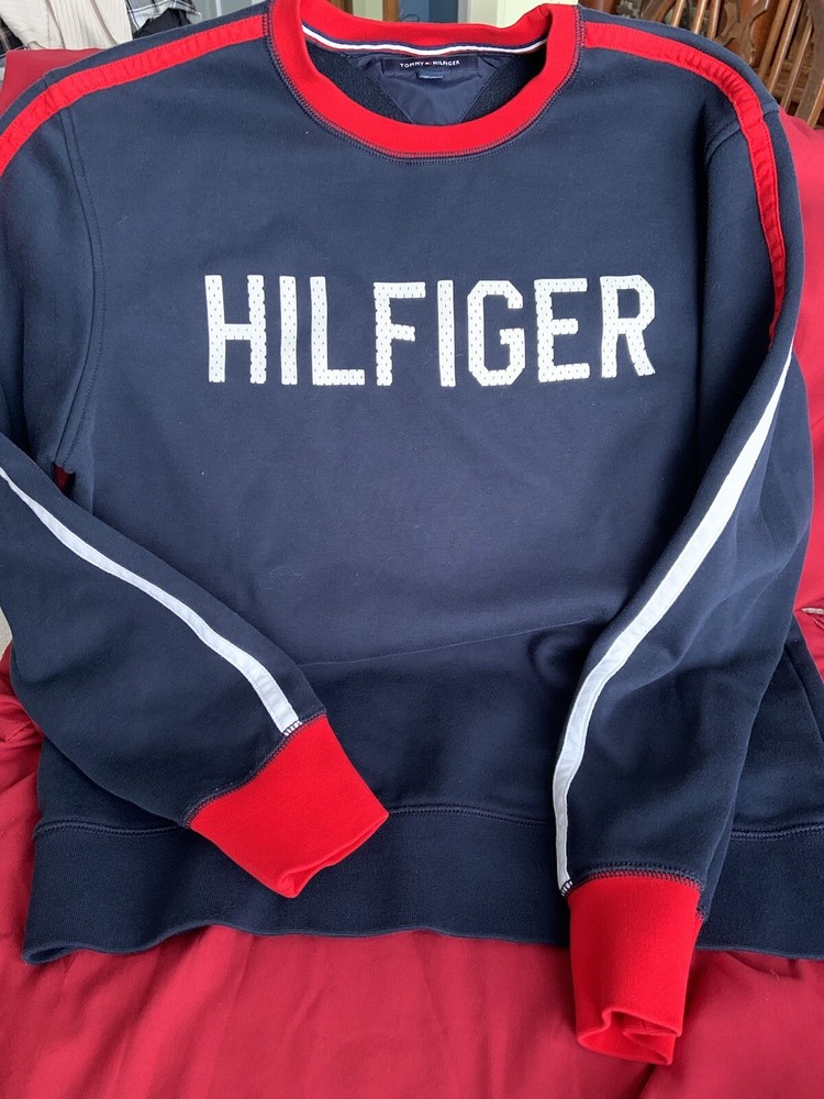 Tommy Hilfiger Sweatshirt Mens Blue Red Outline Crewneck Spell Out Logo Sz Lg
