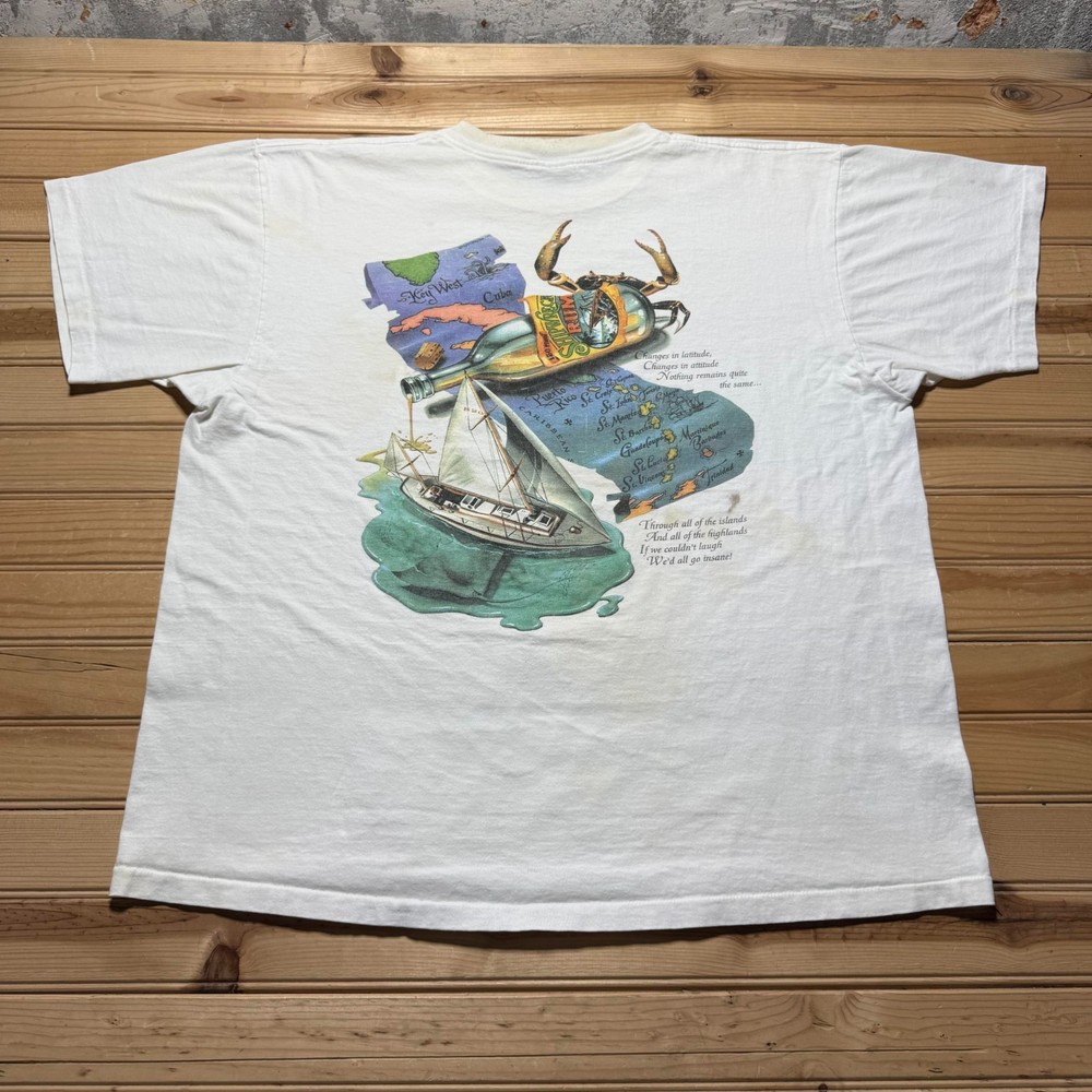 Vintage 90s Shipwreck Jimmy Buffett Lyrics Pirate Ship Rum Map Graphic Shirt XXL