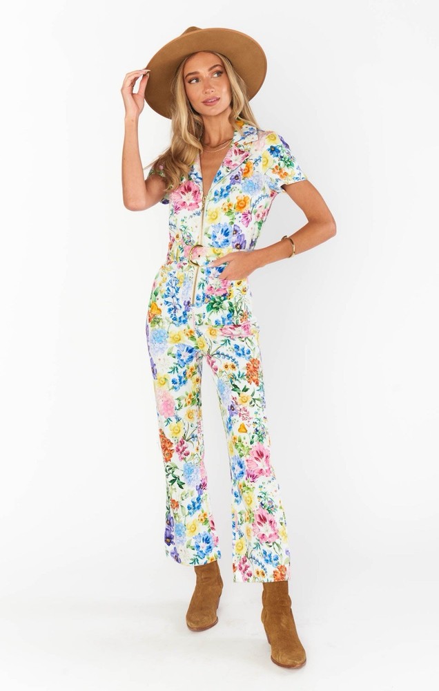 Show Me Your Mumu Jacksonville Short Sleeve Cropped Jumpsuit Floral LARGE Denim