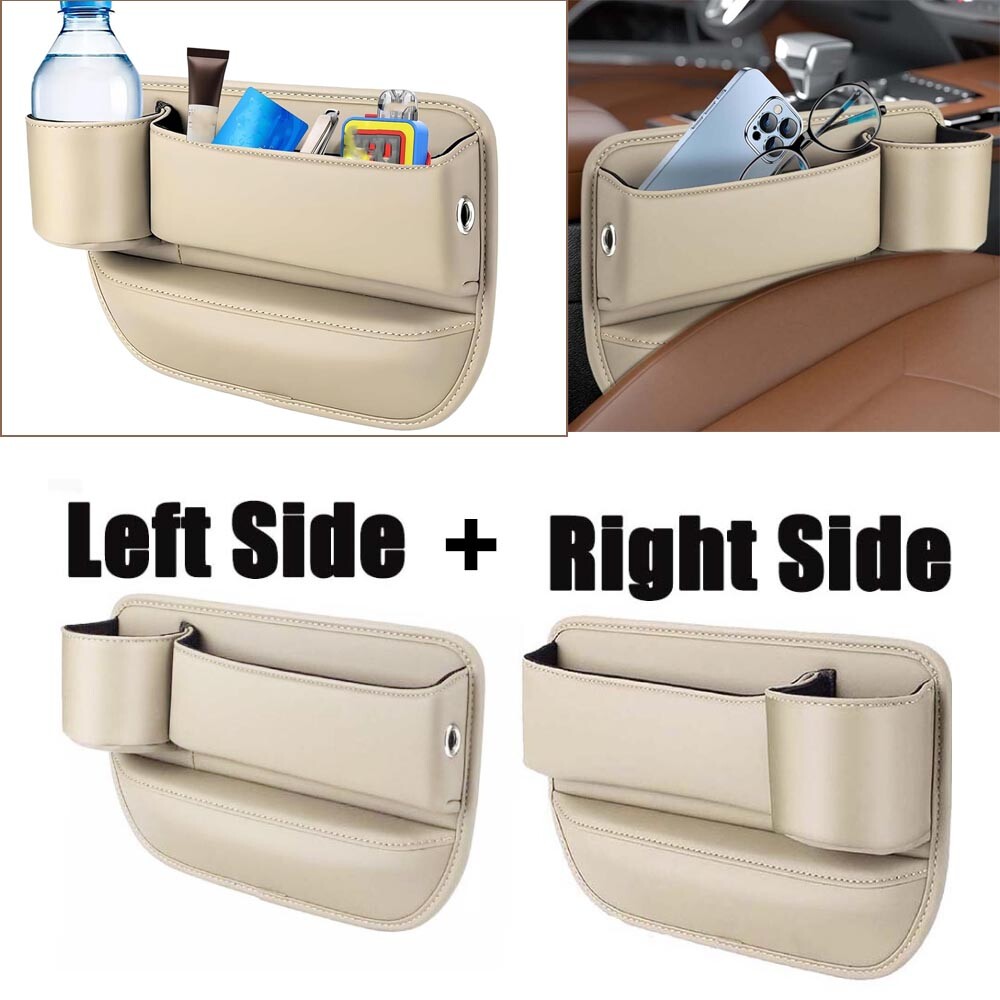 Car Accessories Seat Gap Filler Storage Box Phone Holder Organizer Leather Beige