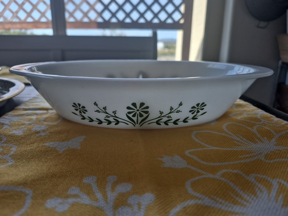 Vintage Glasbake Divided Casserole Dish J2352 Green Daisy Milk Glass Oval USA