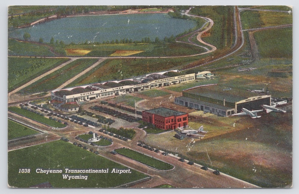 Linen~Air View Of Cheyenne Transcontinental Airport~Wyoming~Vintage Postcard