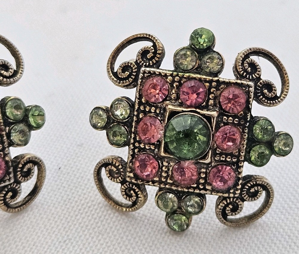 Vtg Coro Screwback Earrings Pink Green Rhinestones Gold-tone Ornate Collectible