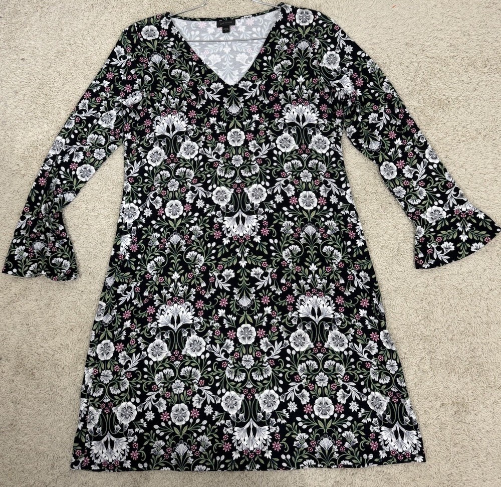 J.Jill Wearever Collection Floral V-Neck Long Sleeve Knit Dress Size Medium Work