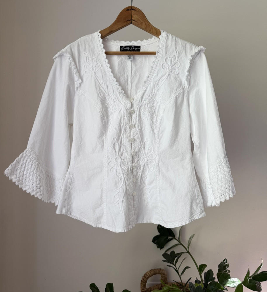 GRETTY ZUEGER White Embroidered Cotton Top Shirt Blouse Women's Size Large L