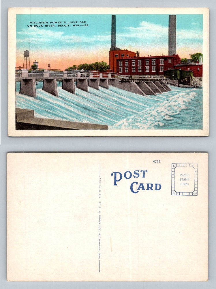 Beloit, WI-Wisconsin, Wisconsin Power Light Dam Rock River Vintage Postcard