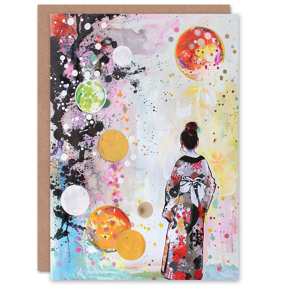 Greeting Card Geisha Floral Kimono Japan Abstract Fantasy Art Blank Birthday
