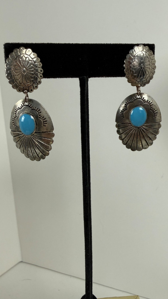 Vintage Southwestern Style Silver Tone Dangle Earrings Blue Cabochon