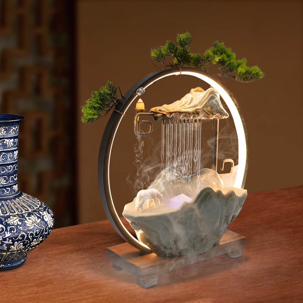 Water Fountain LED Tabletop Indoor Fake Plants Waterfall Zen Decor With Mist