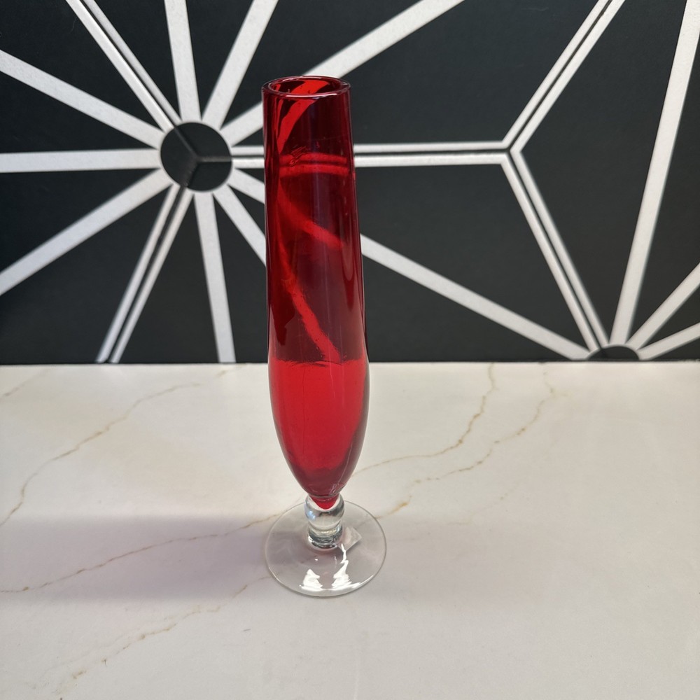 Vintage Lefton Hand Blown Glass Works Red Glass Bud Vase Japan 8”