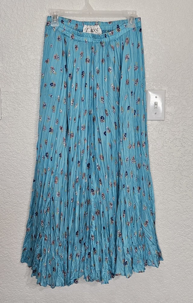 Luxe Women's 100% Silk Maxi Skirt Size Medium Crinkle Flowy Turquoise Floral