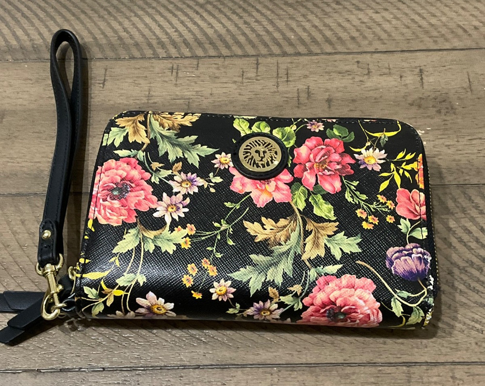 Anne Klein Black Floral Wristlet Wallet Clutch Double  Zip Compartment NWT