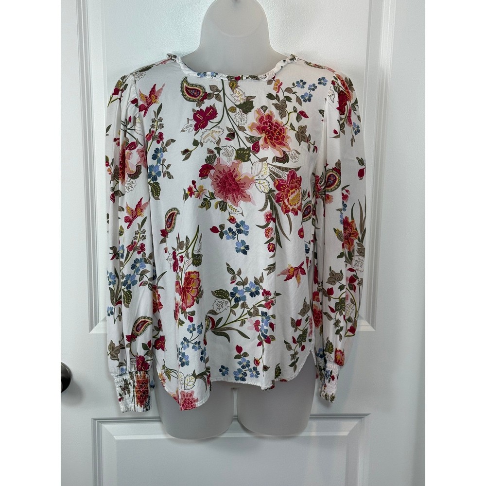 LOFT Womens White Floral Print Long Sleeve V Neck Tie Neck Blouse Top Small Top