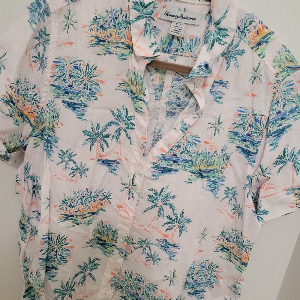 Tommy Bahama Womens Small White Tropical Palm Tree 100% Linen Button Up Shirt