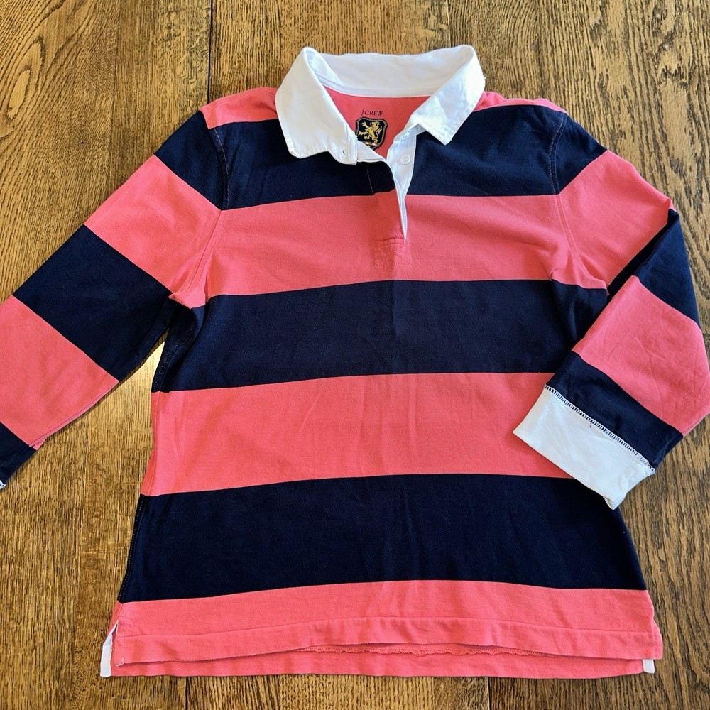Vtg Y2K J Crew Women’s L Rugby Shirt Striped 2005 Preppy 3/4 Sleeve Coral Navy