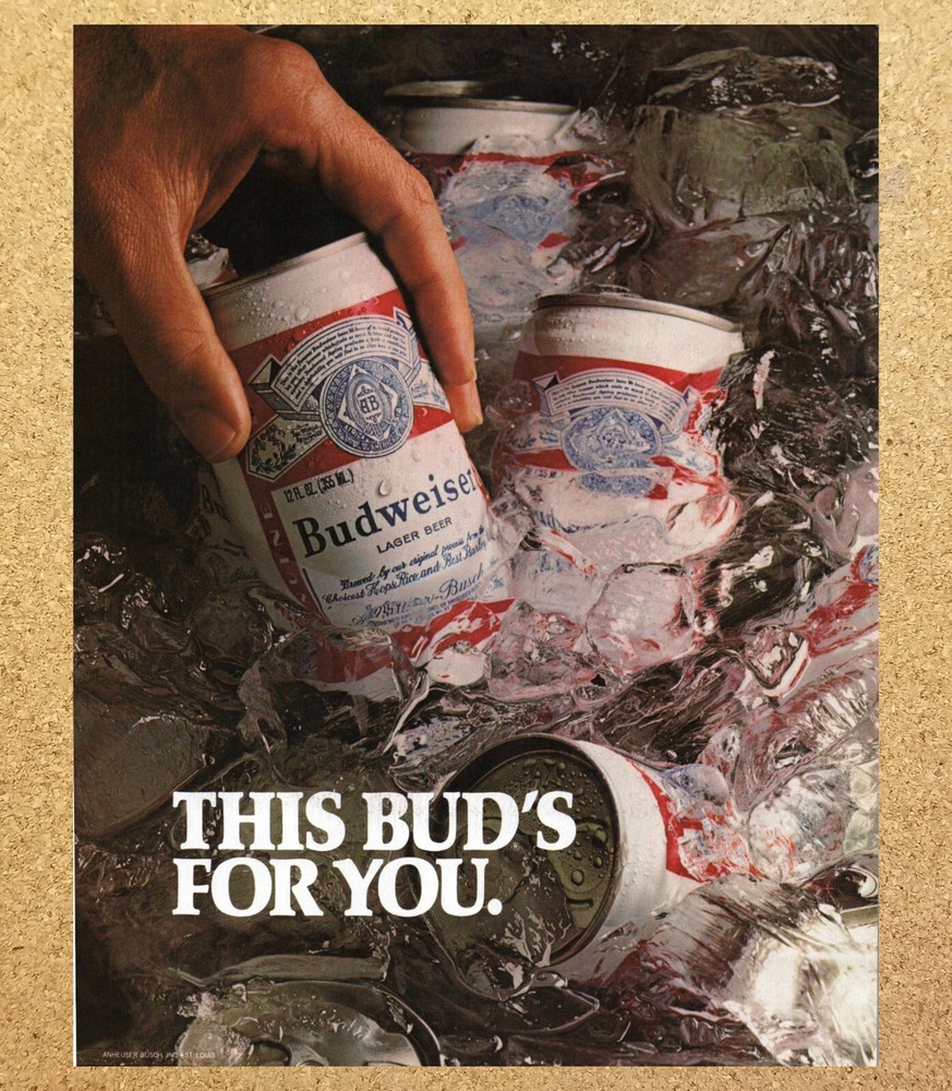 Budweiser Ice Cold Lager Beer Anheuser Busch - Magazine Print Ads Poster 1980