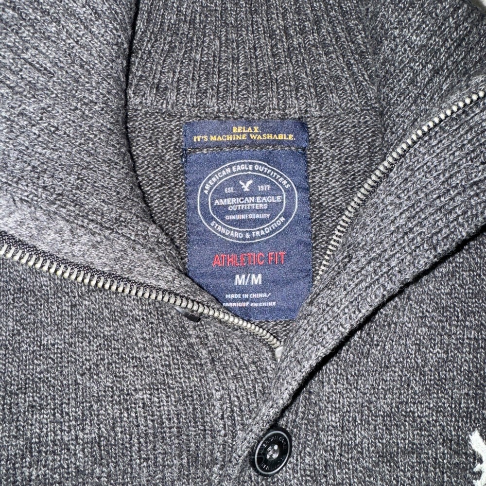 American Eagle Mens 1/4 Zip Sweater Gray Embroidered Heavy Knit Sz Medium Cotton