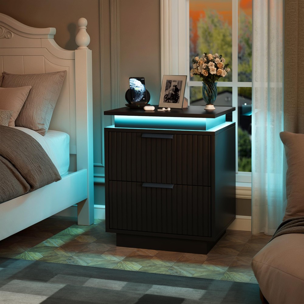 LED Nightstand with 2 Drawers, Built-In Light & Handles for Bedroom