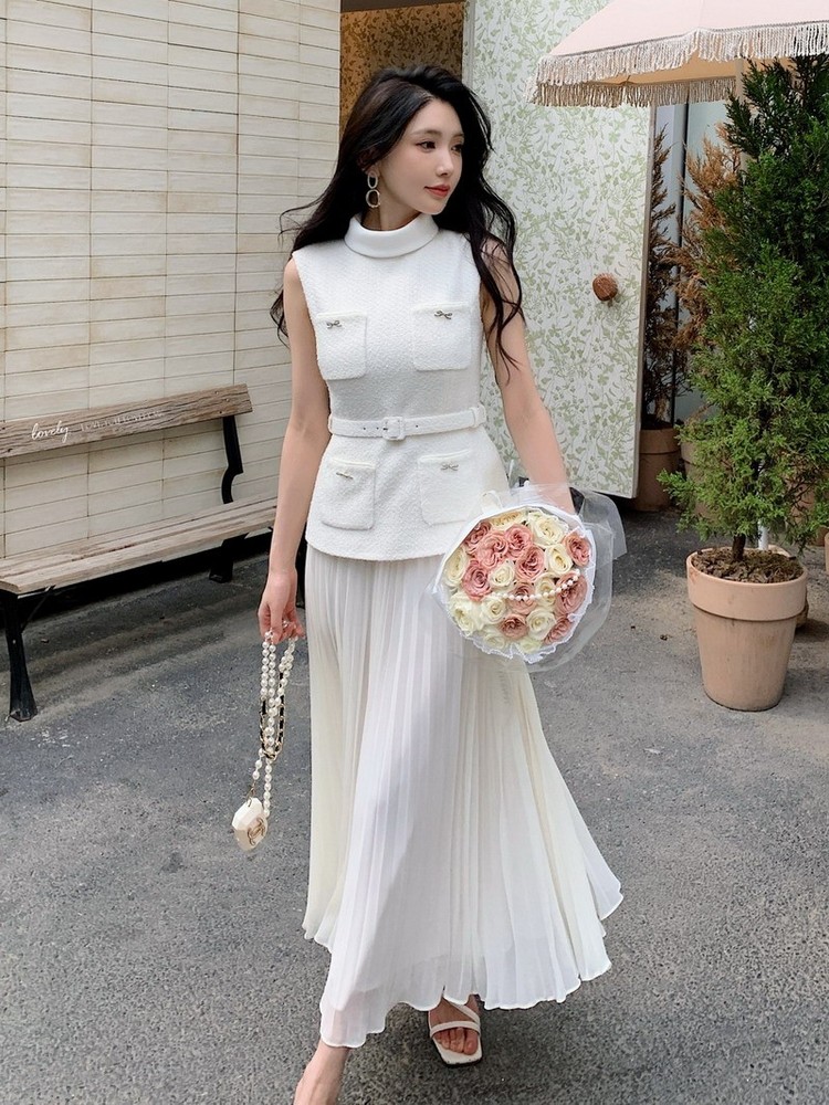 Self-Portrait Tweed Splicing Chiffon Pleated Women's Short sleeves Dresses