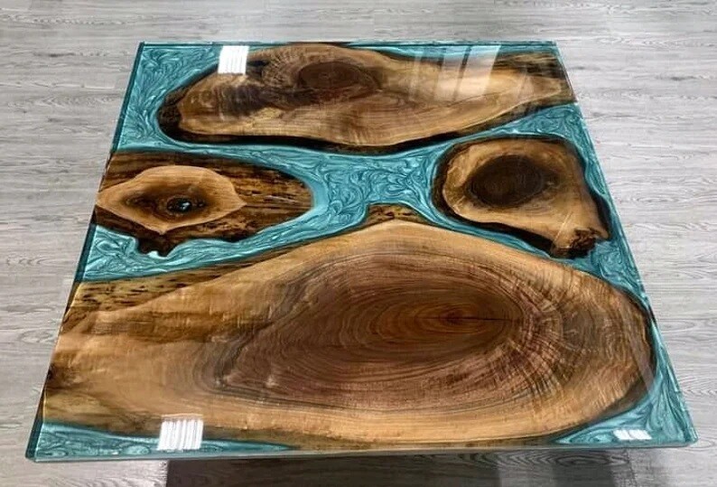 Mesa cuadrada de resina epoxi, mesa de comedor de río epoxi, mesa de borde vivo decoración del hogar