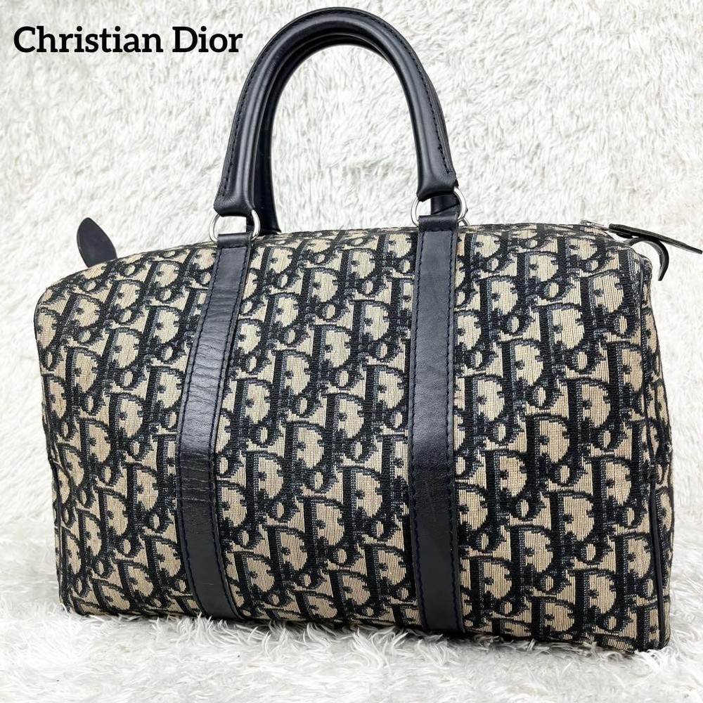 Authentic Vintage Dior Trotter Boston Bag Navy Canvas Leather Japan Import