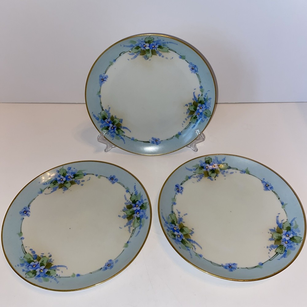 Hand-Painted Noriaki Nippon Blue Floral Plate Set Of 3  Forget Me Nots