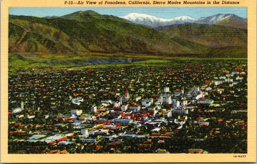 Pasadena California Air View Sierra Madre Mountains Linen Postcard 1930s-40s