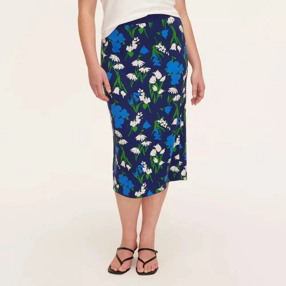 Size S Kate Spade Target Mixed Floral Sweater Knit Midi Skirt Blue Green NWT