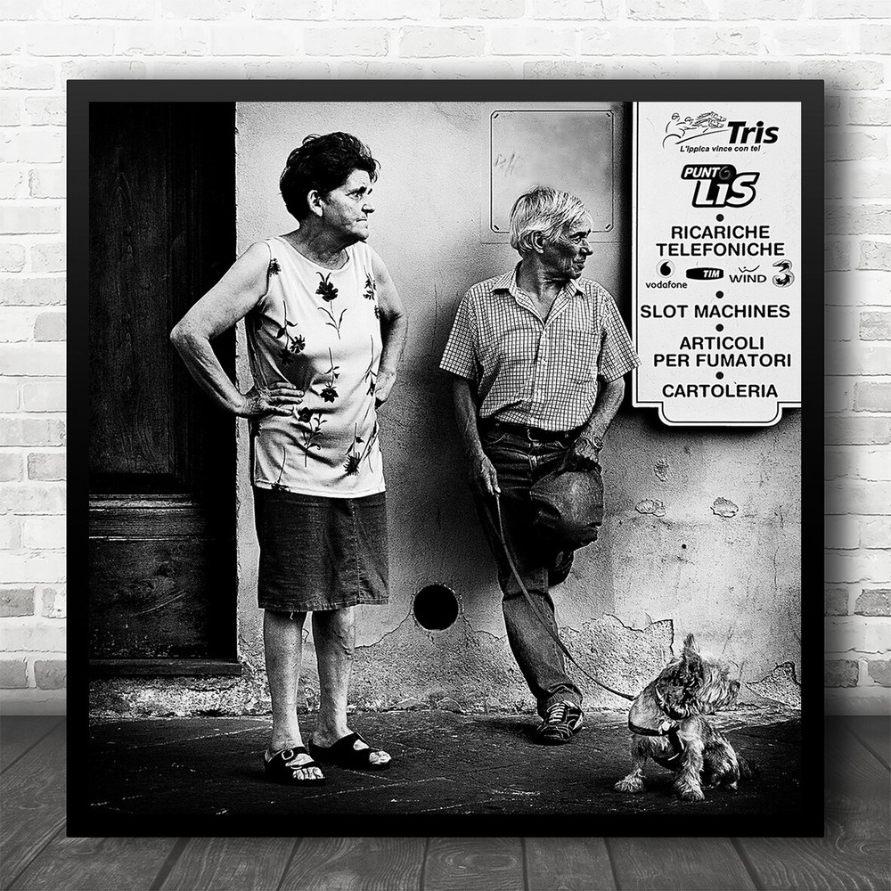 Black White Men Dog Looking Left Street Old People Square Wall Art Print