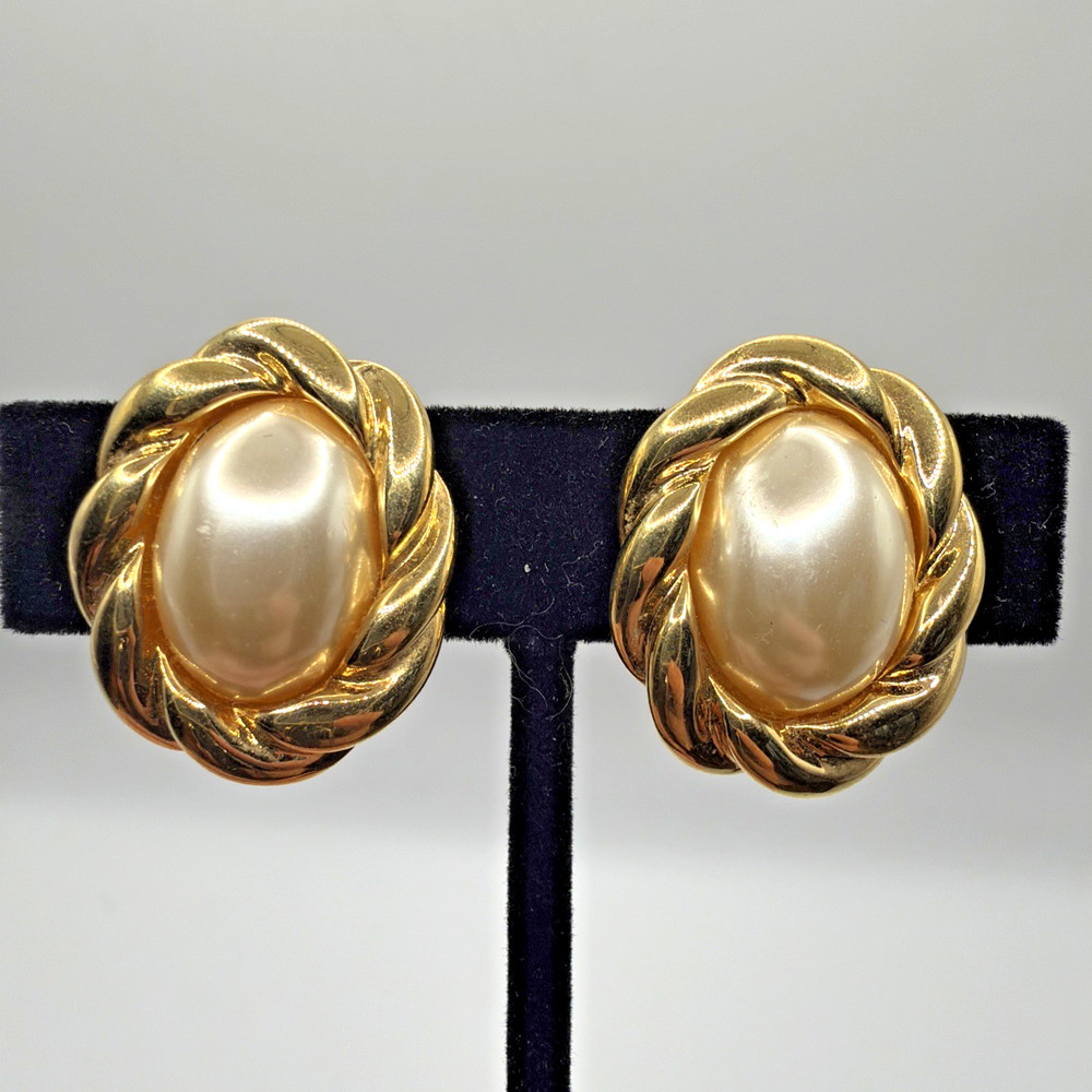 Vintage Napier Earrings Gold Toned Faux Pearl Clips