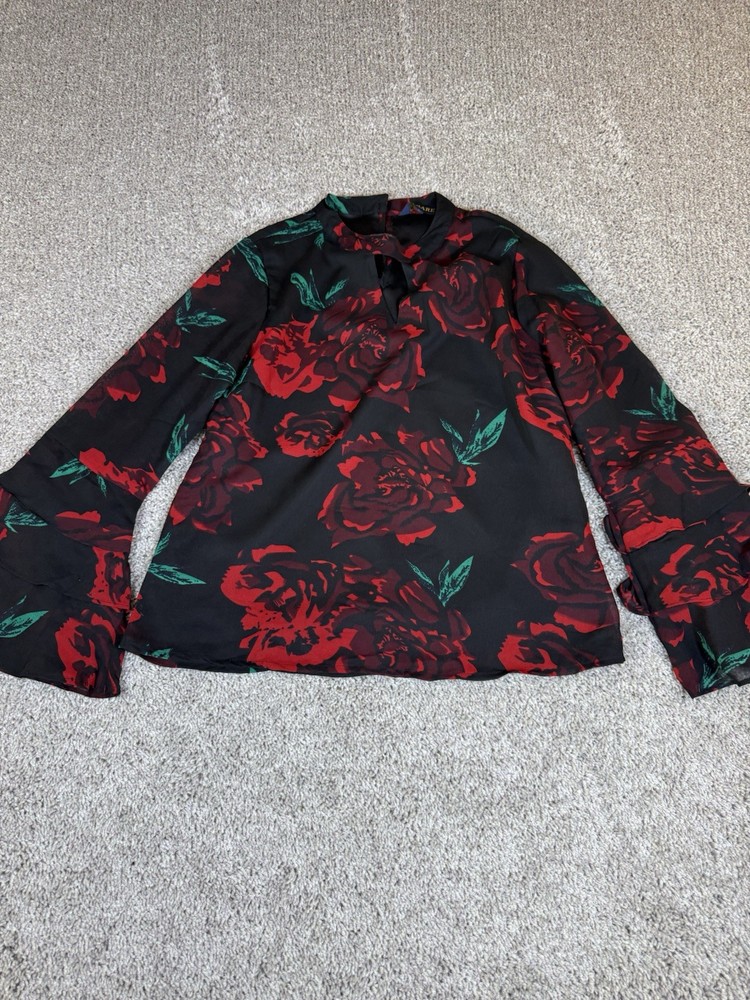 Rare Size Large High Neck Floral Red Green Black Flare Sleeves Top Blouse Women