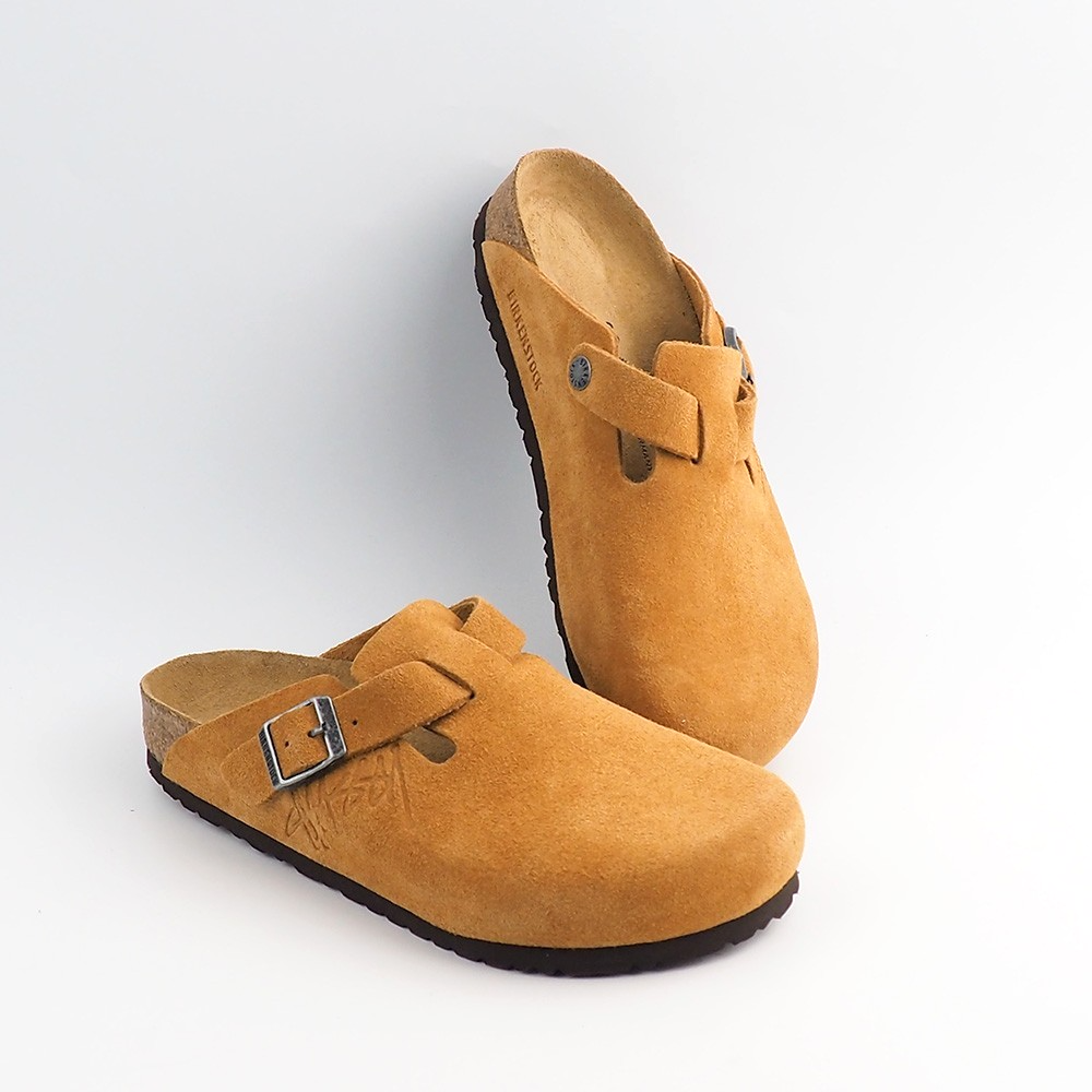Birkenstock × Stussy Boston Clog Caramel Suede Leather Shoes Wide Size 37-45