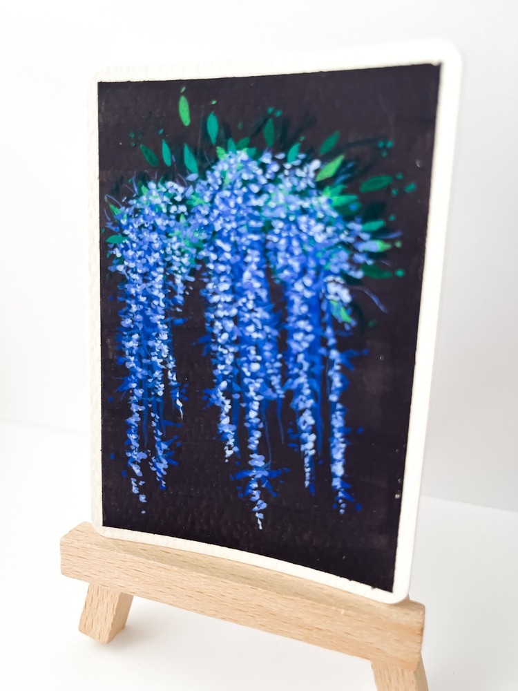 ACEO Original Art Wisteria Blue Floral Botanical Modern Painting 2.5x3.5 Gouache