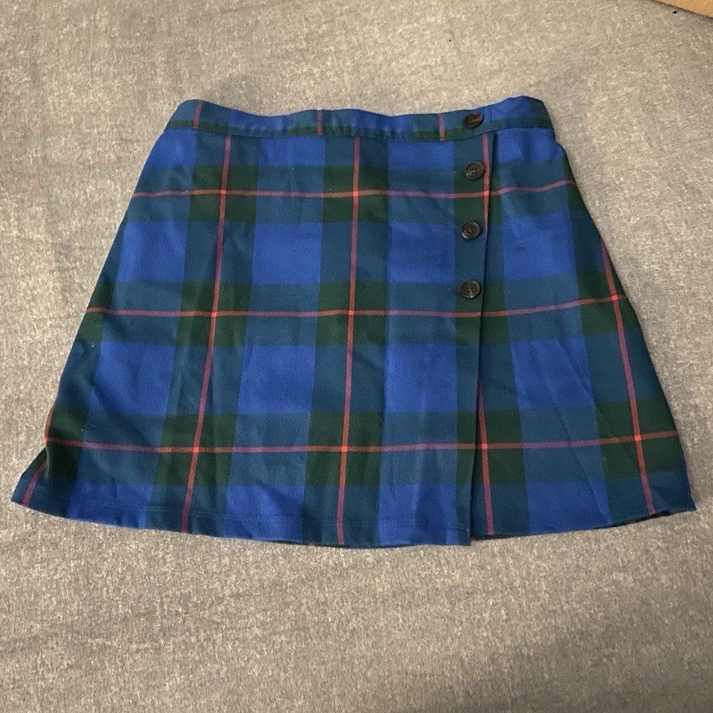 SO Schoolgirl Plaid Blue Green Red Faux Wrap Preppy Mini Skirt Juniors Size 13