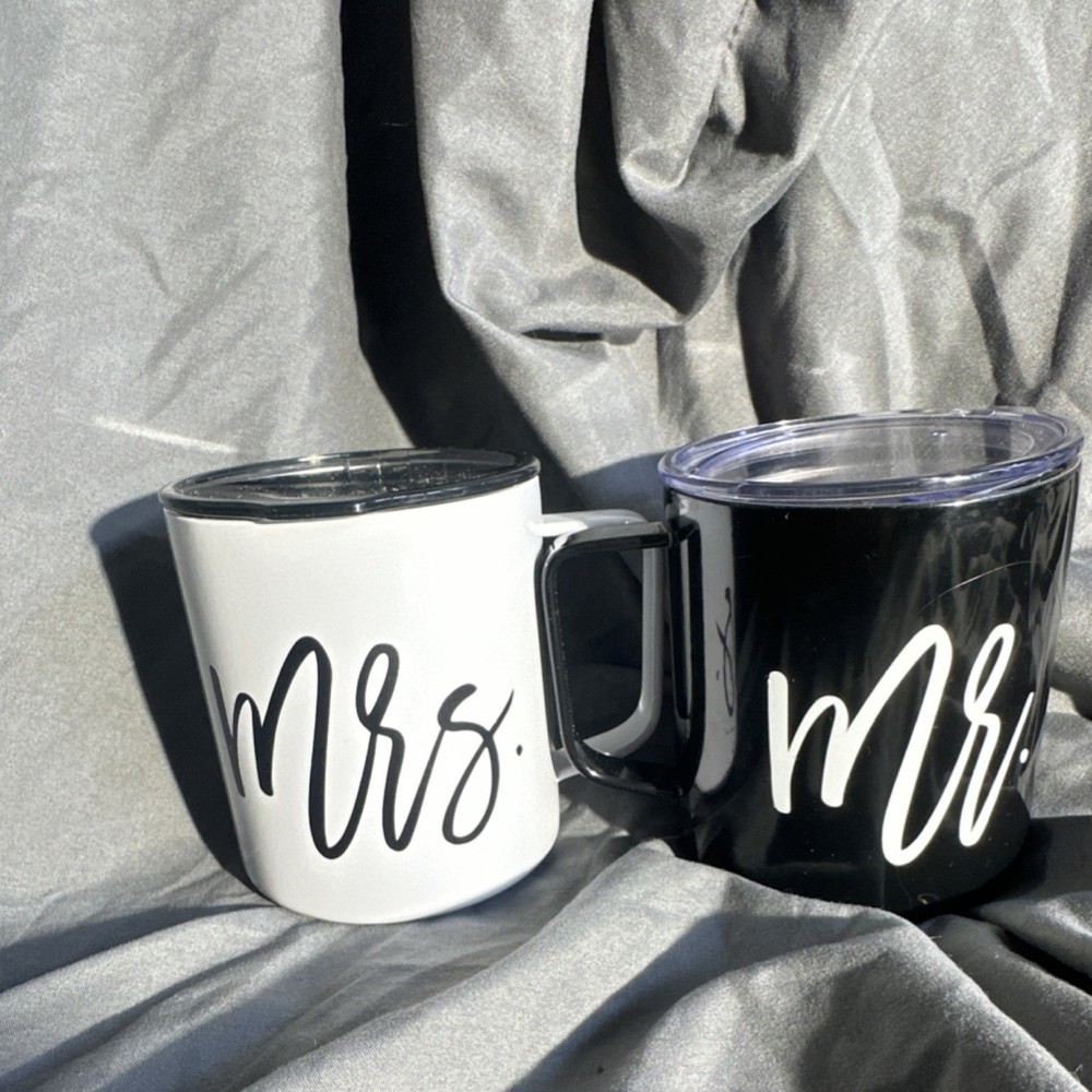 Mr. and Mrs. Black & White Metal Coffee Mug Set with Lids, Wedding, 2-Piece