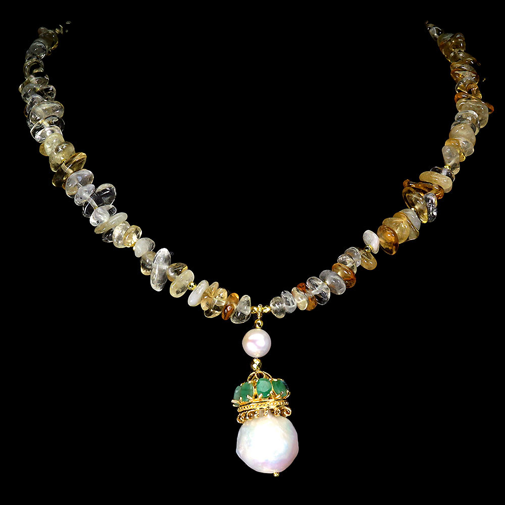 925 Sterling Silver Necklace Oval Emerald Citrine Pearl Natural Gemstone Jewelry
